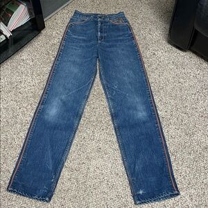 Vintage 70s/80s ultra high rise wide keg Blue Jeans with brown trim